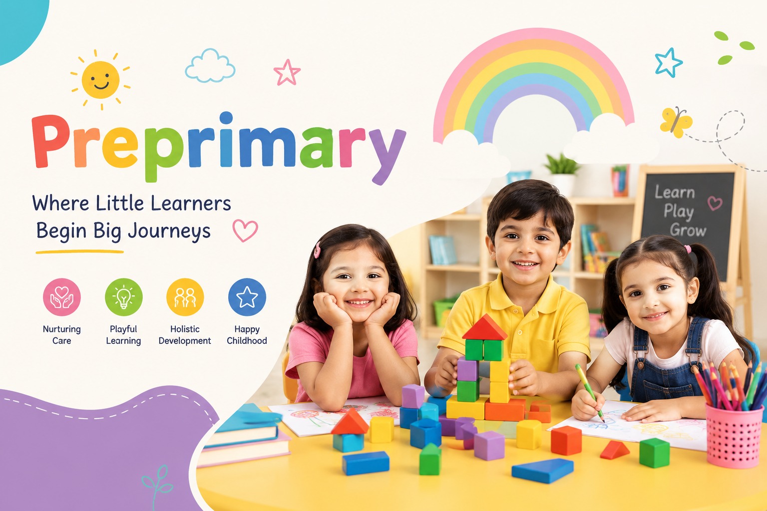 Children smiling and engaged in hands-on learning activities at Hind International School's pre-primary wing